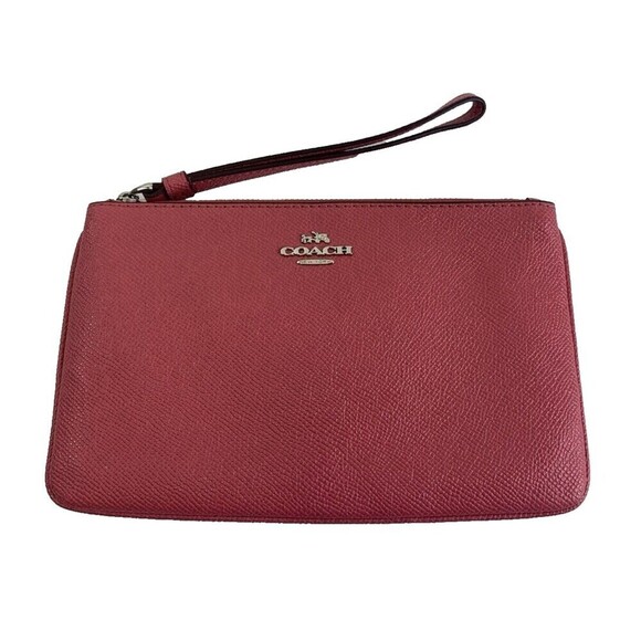 Coach Large Wristlet Crossgrain Leather F57465 Melon Pink Zip Credit Card Slot - Picture 1 of 11